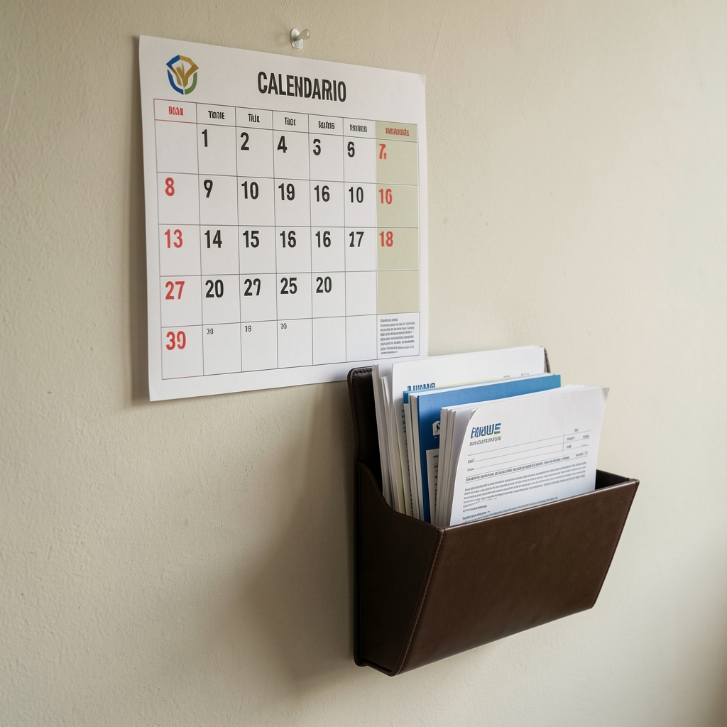 Calendario fiscal de pared con fechas marcadas y carpeta de documentos de una pequeña empresa uruguaya