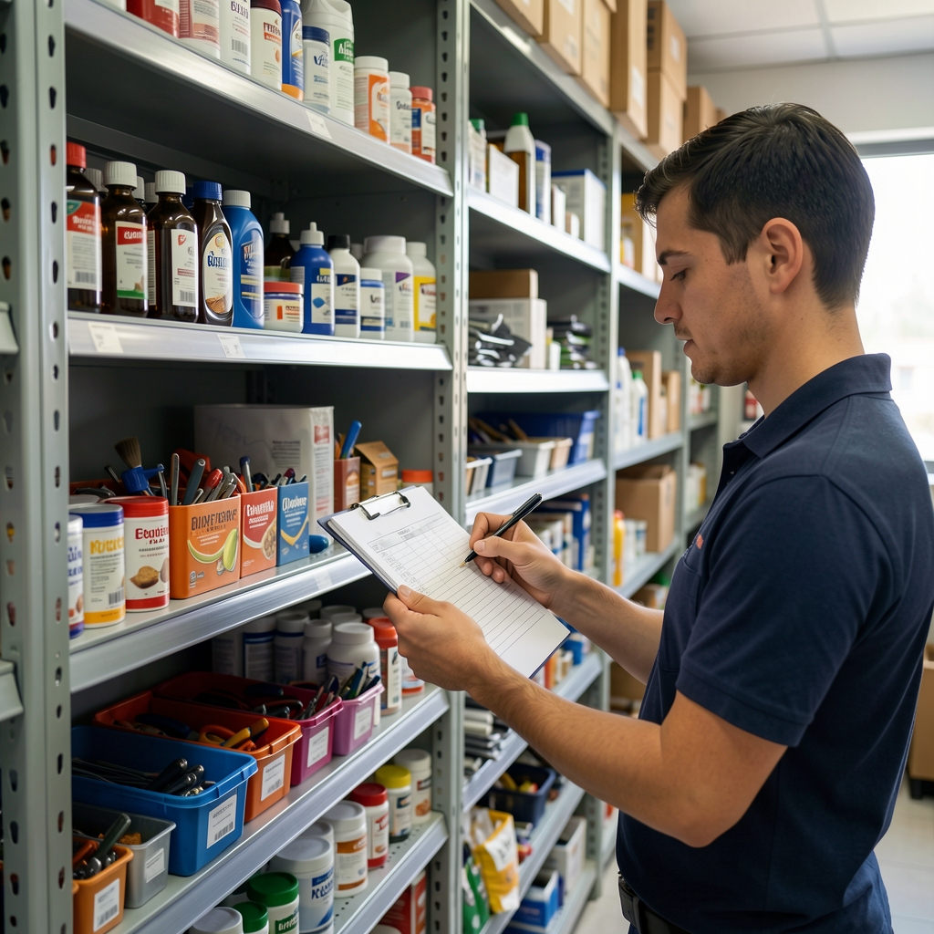 Inventario de útiles y productos en estanterías con una persona verificando cantidades mediante una planilla