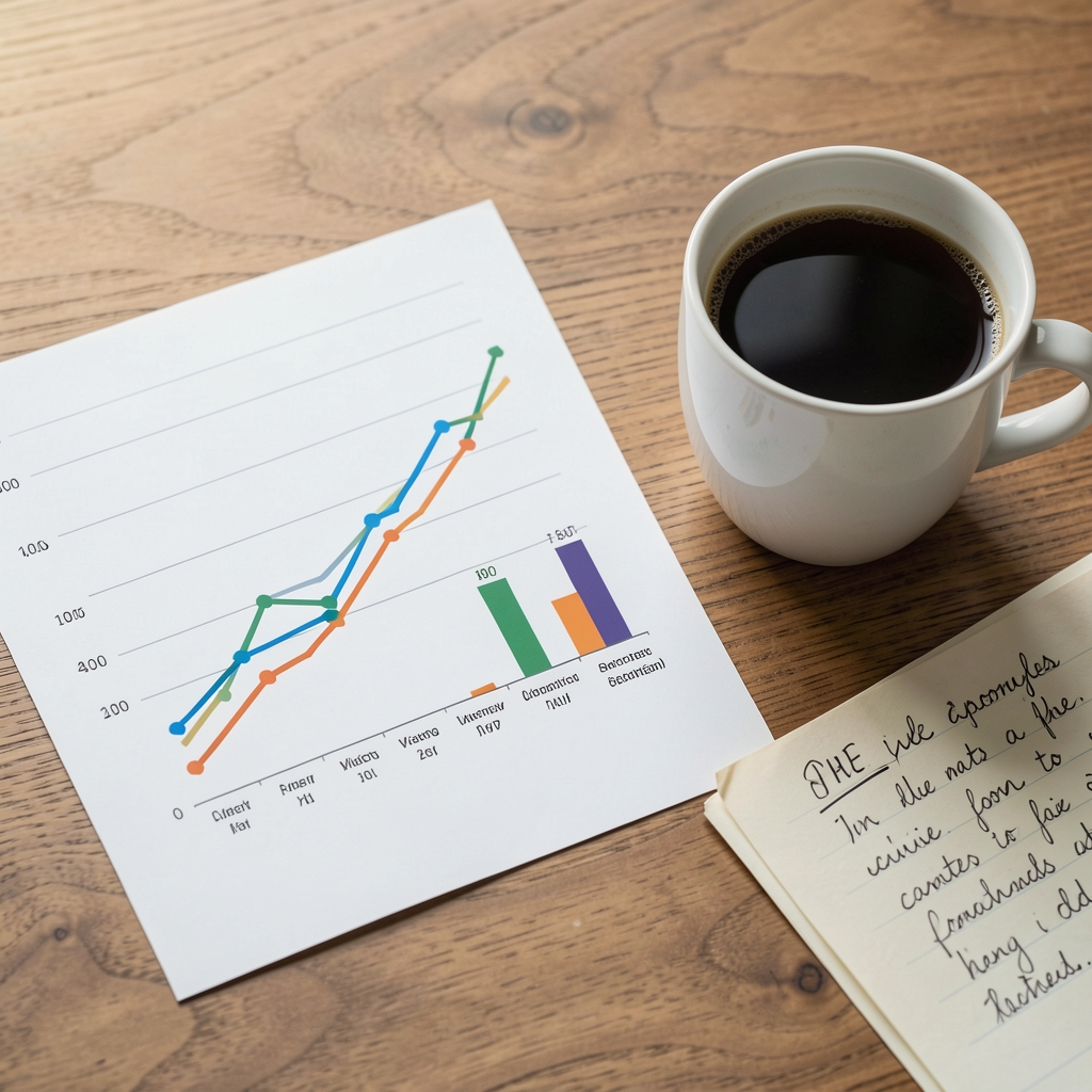 Gráfico impreso de ciclos económicos junto a una taza de café y notas manuscritas