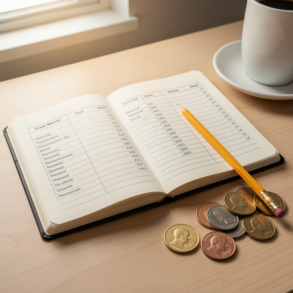 Cuaderno abierto con presupuesto mensual, lápiz y monedas argentinas sobre escritorio luminoso