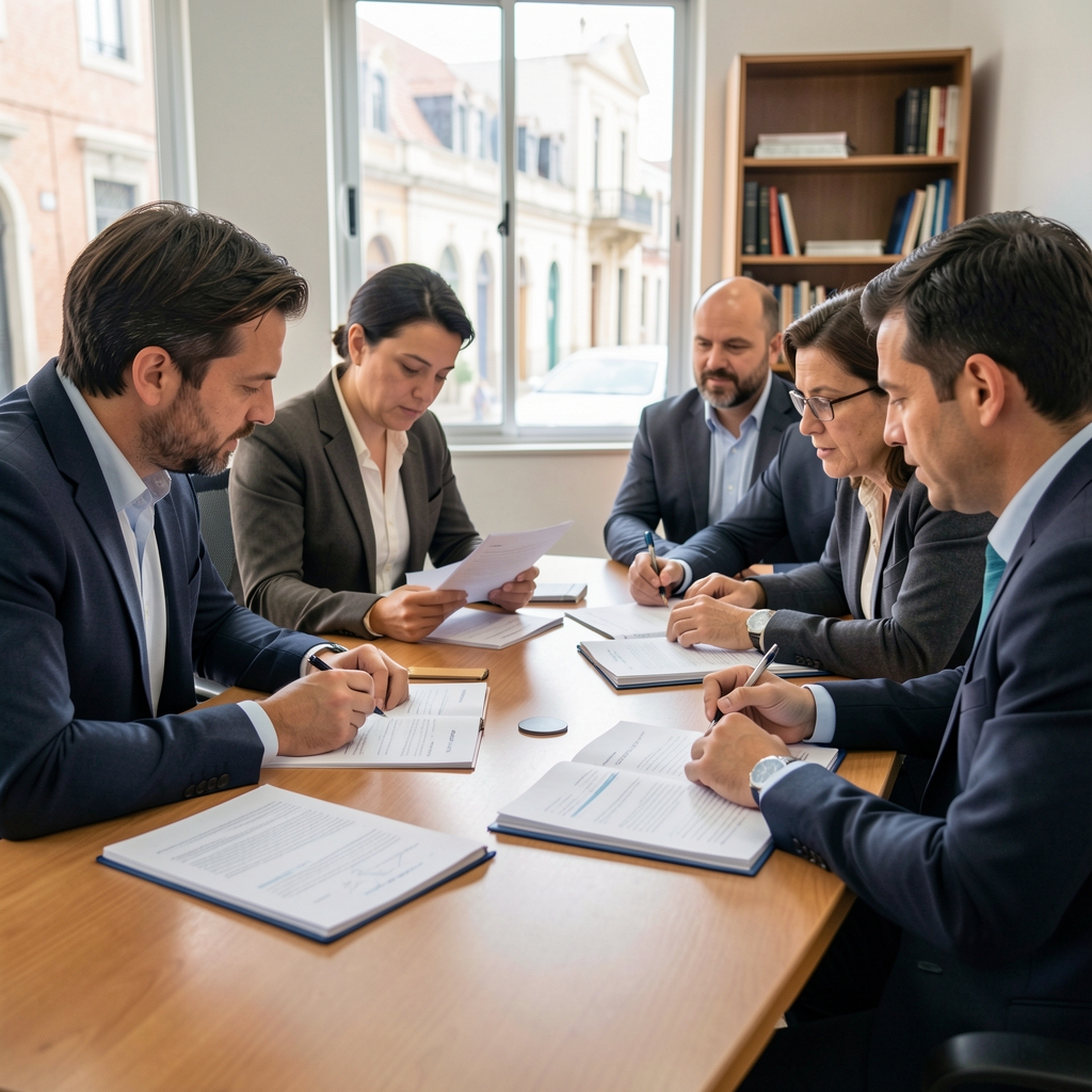 Equipo editorial revisando artículos sobre contabilidad alrededor de una mesa de trabajo en Montevideo
