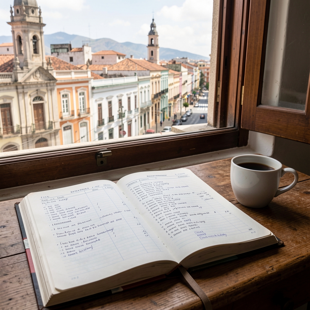 Libro mayor abierto con anotaciones contables y una taza de café junto a una ventana de Montevideo