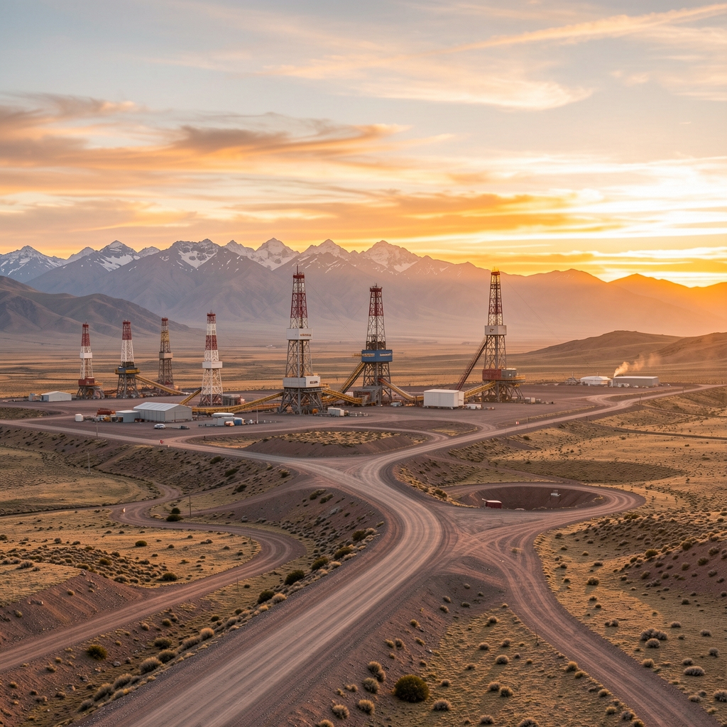 Paisaje amplio de la formación Vaca Muerta al amanecer con torres de perforación, caminos de acceso y cielo dorado en la Patagonia argentina