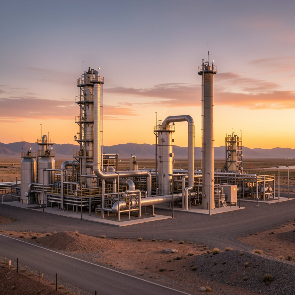 Instalaciones industriales de tratamiento de gas natural en la provincia de Neuquén al atardecer