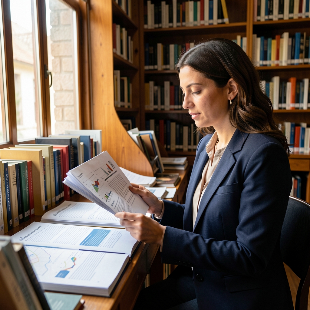Investigadora revisando informes públicos sobre energía y economía en una biblioteca argentina