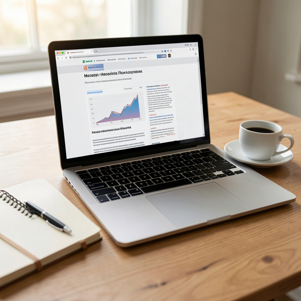 Laptop z otwartym newsletterem finansowym obok notesu i filiżanki kawy