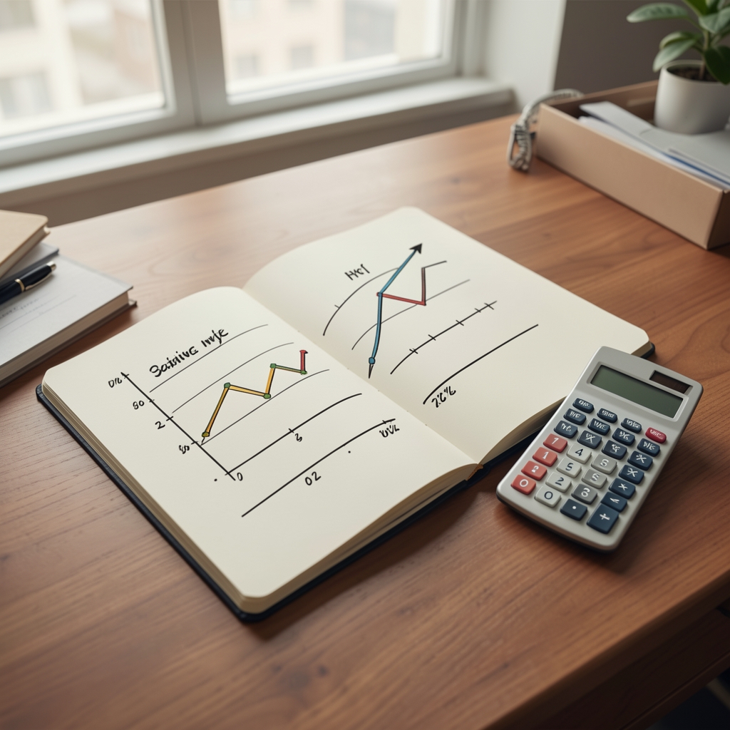 Fotografía de un cuaderno con gráficos de inflación dibujados a mano junto a una calculadora sobre un escritorio de oficina