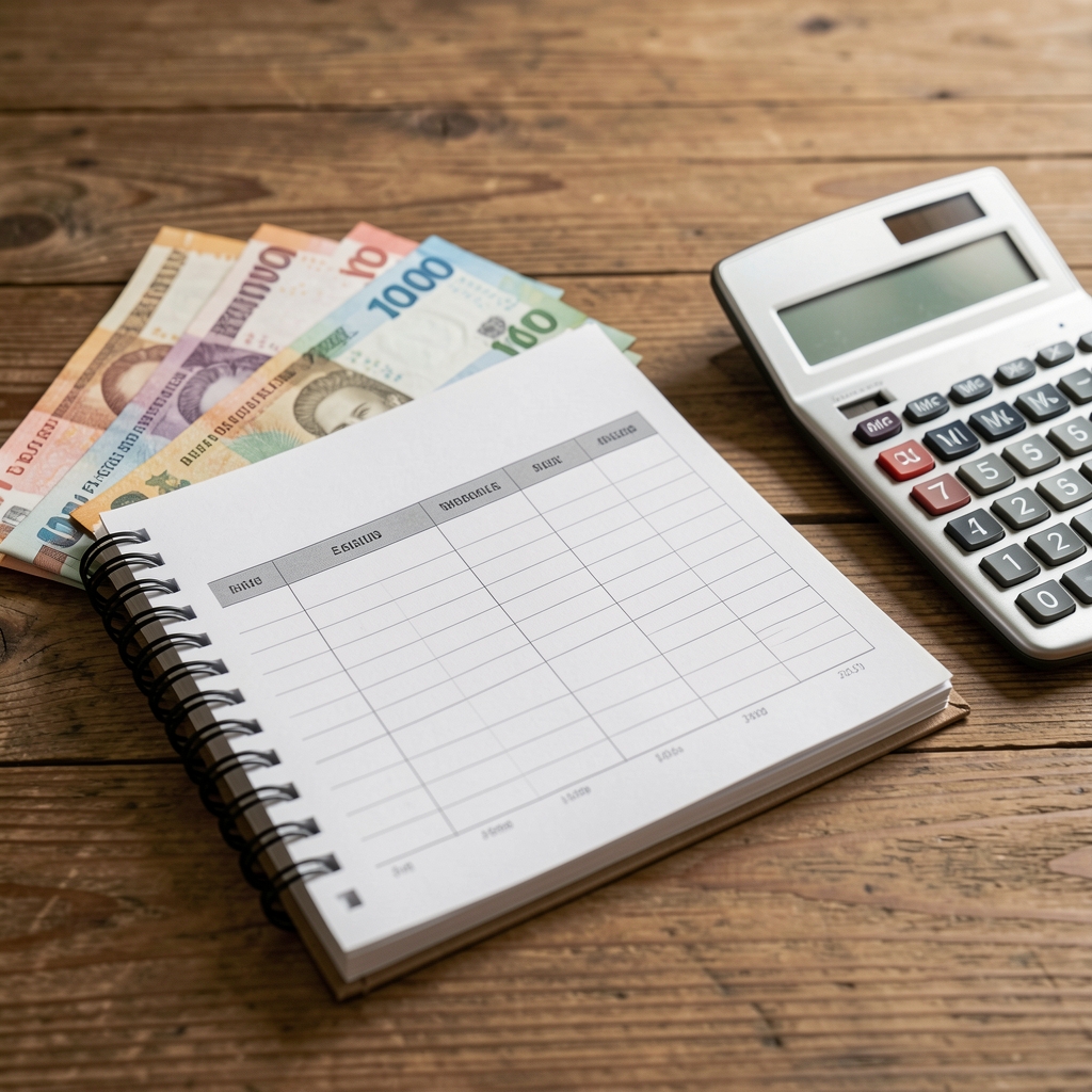 Billetes argentinos y una libreta de presupuesto sobre mesa de madera junto a una calculadora