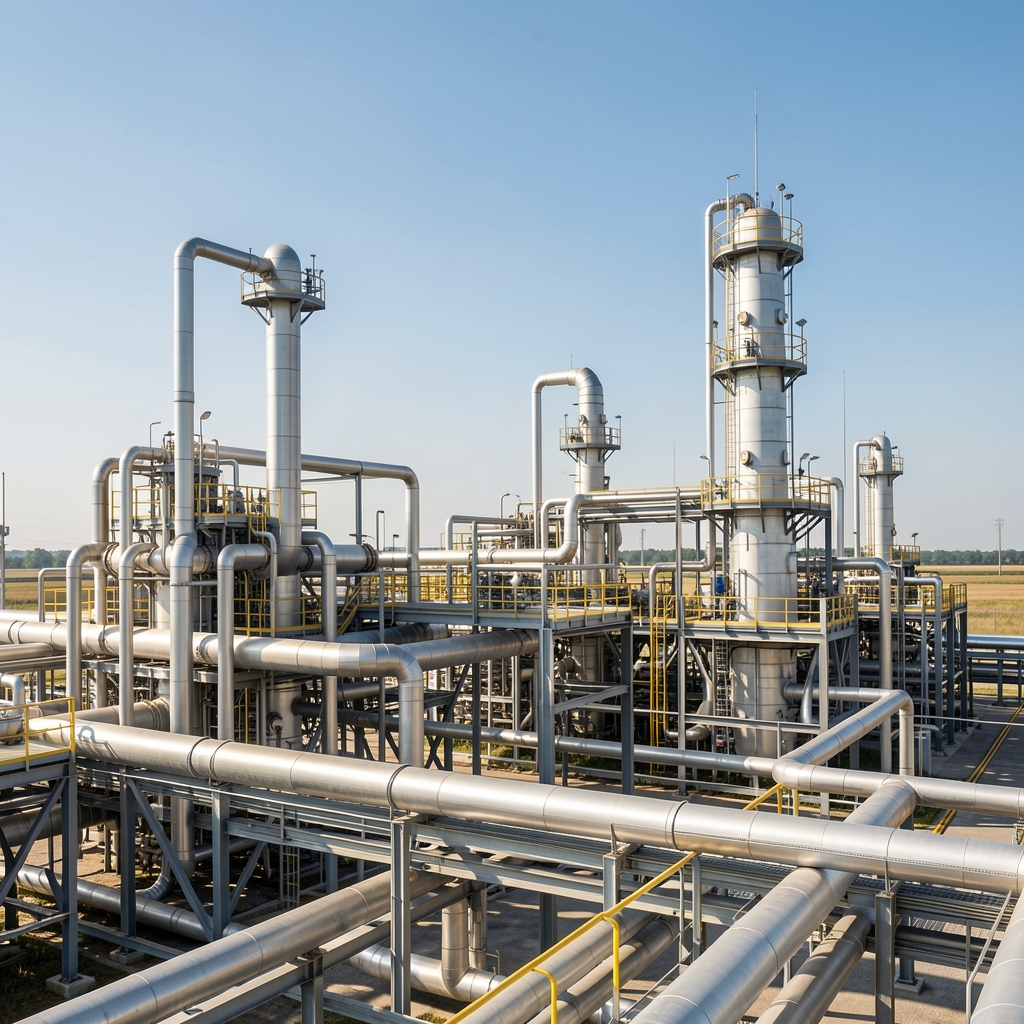 Vista industrial de una planta de procesamiento de gas natural con tuberías metálicas y estructuras de acero bajo un cielo despejado