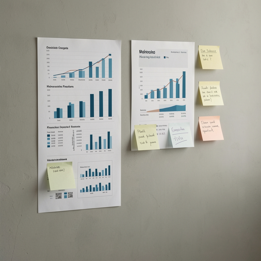 Gráficos financieros impresos y notas adhesivas organizados en una pared de trabajo sobria