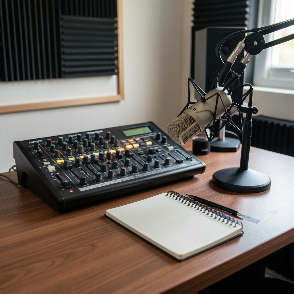 Polskie studio podcastowe z konsolą audio, mikrofonem i notesem o gospodarce