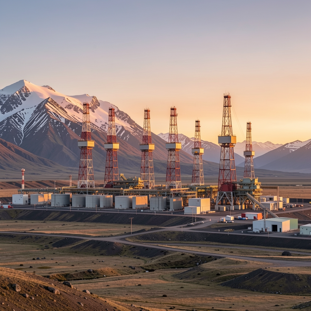 Torres de extracción de petróleo alineadas en un paisaje patagónico bajo luz de tarde
