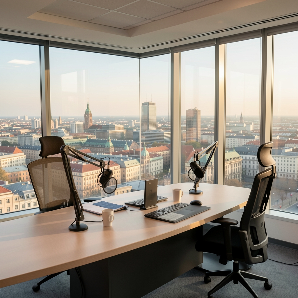 Nowoczesne studio nagraniowe audycji finansowej z widokiem na centrum Warszawy o poranku